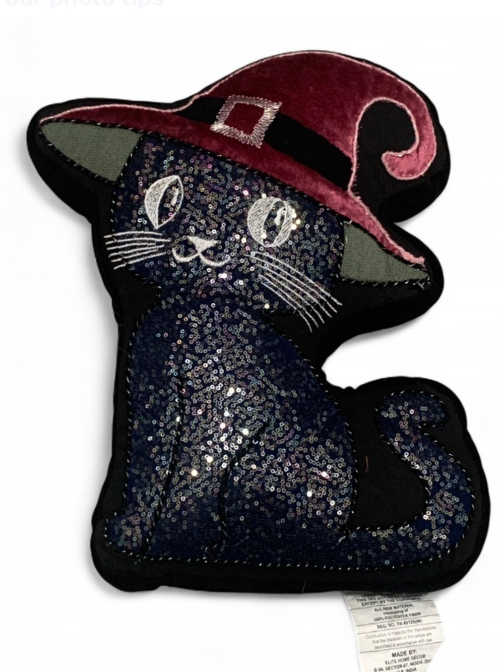 Cupcakes and Cashmere Plush Sequin Black Witchy Cat Accent Pillow